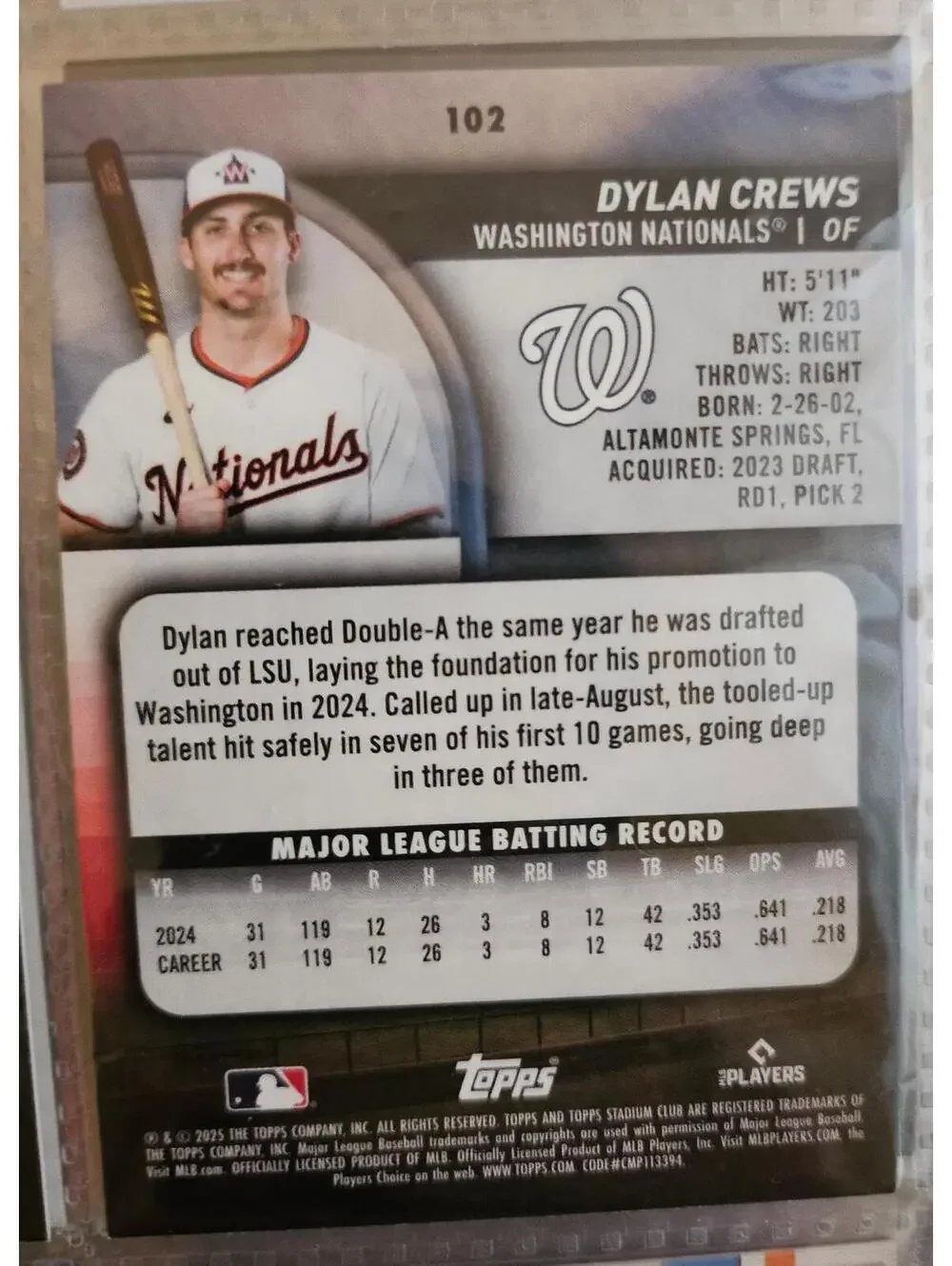 2025 Topps Stadium Club #102 Dylan Crews - RC - Washington Nationals